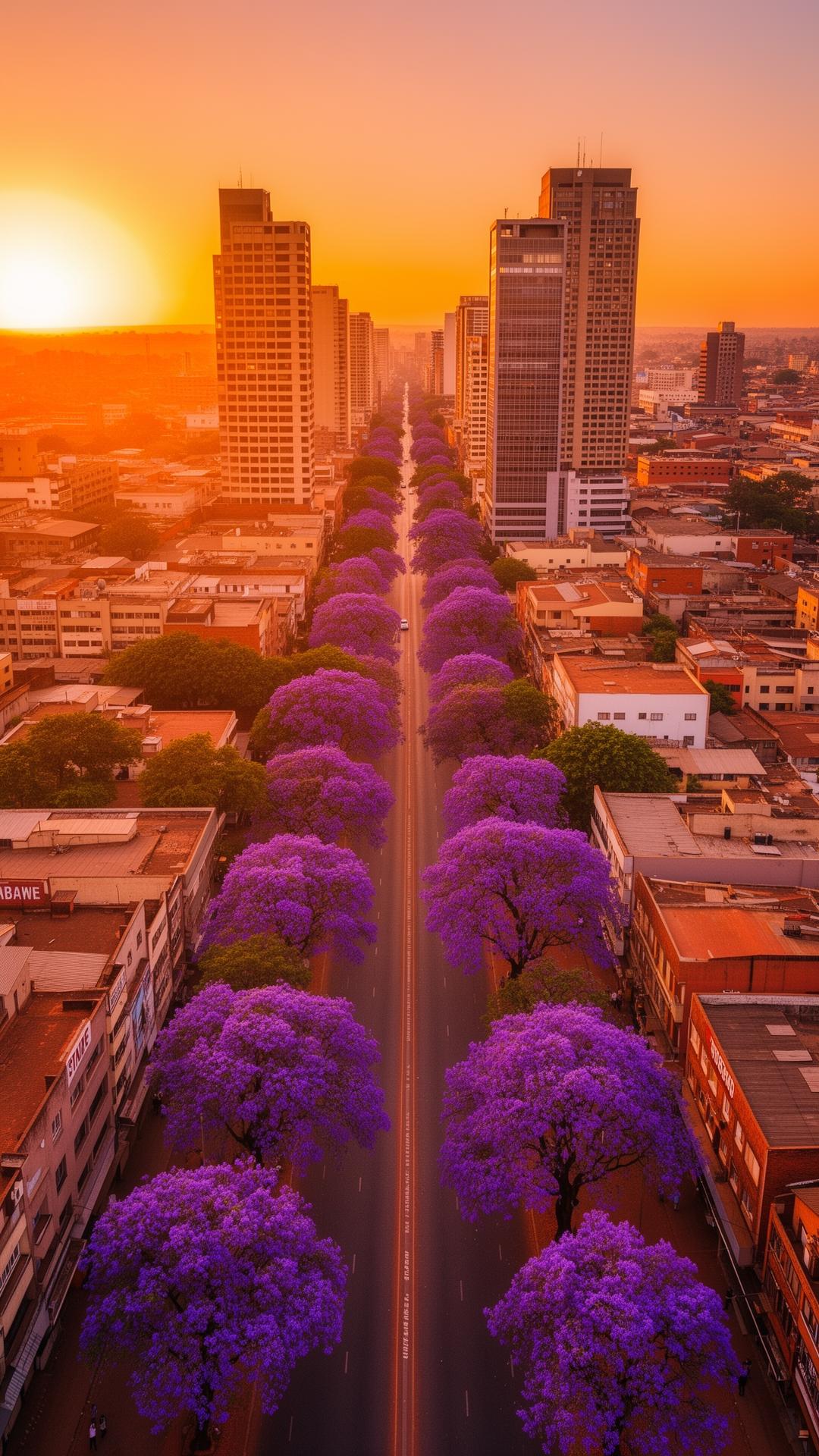 Aerial view of Harare at sunset with jacaranda-lined avenue